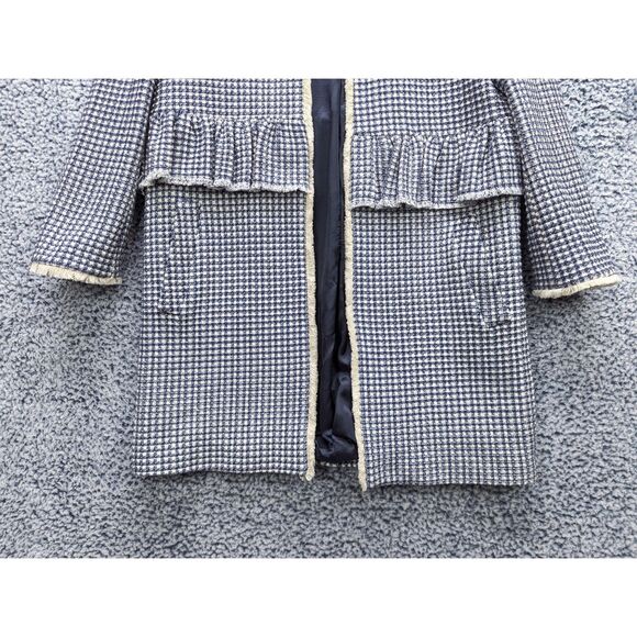 Zara Gingham Check Plaid Coat Size M Tweed Open Front Ruffle Boho Preppy Blue - Picture 5 of 12